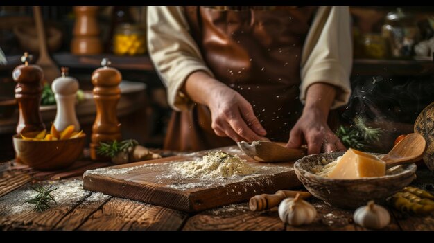 Kucharz wałkujący ciasto na blacie